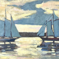 "Gloucester Mackerel Fleet at Sunset" by Anne Winthrop Cordin after Winslow Homer