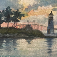 "Sunset Over Goat Island" by Elaine Porter, SOLD @ SBG